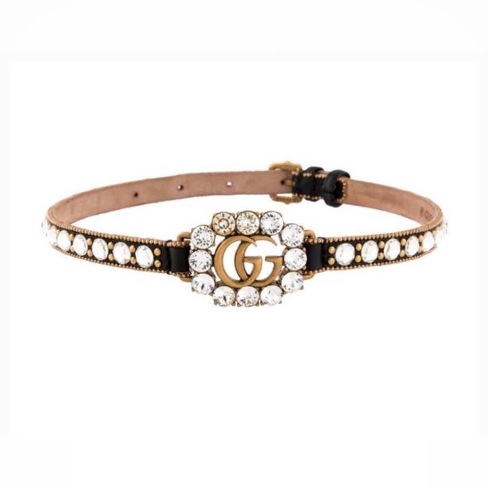 Gucci Calfskin Crystal Embellished Double G Choker Necklace Black